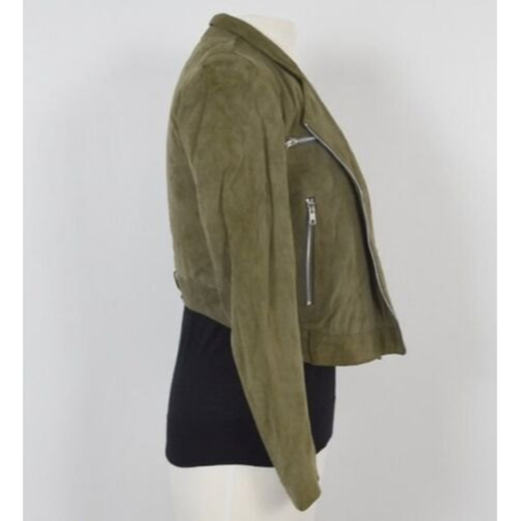 Whyred Suede Leather Moto Off Center Olive Green Zip Jacket Size 36 - Picture 6 of 11